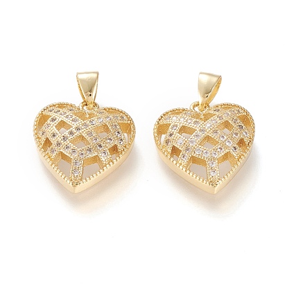 Brass Micro Pave Clear Cubic Zirconia Pendants, with Snap on Bail, Long-Lasting Plated, Heart, Clear