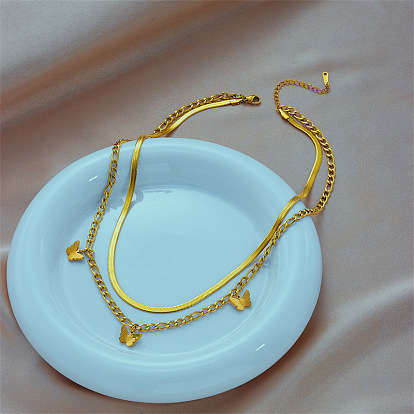 Minimalist Multi-layered Titanium Steel Butterfly Pendant Flat Snake Chain Necklace