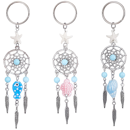 3шт. 3 стили брелоки из сплава на морскую тематику с черепахами, с фарфором, синтетической бирюзой и бусинами из натурального говлита, платина