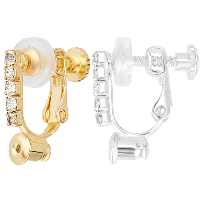 12 pièces 2 styles apprêts de boucles d'oreilles à clip en laiton et strass cristal, avec clip en silicone pcs sur les coussinets de boucle d'oreille