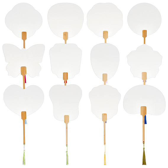 12шт 12 стили бумажный ручной веер, с бамбуковой ручкой и кисточками, фанаты пустой живописи, для детей поделки своими руками