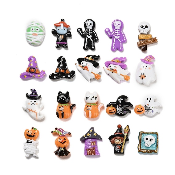 Кабошоны из непрозрачной смолы для декодирования Хэллоуина, скелет/призрак/кот/мумия/череп/тыква/шляпа/ведьма