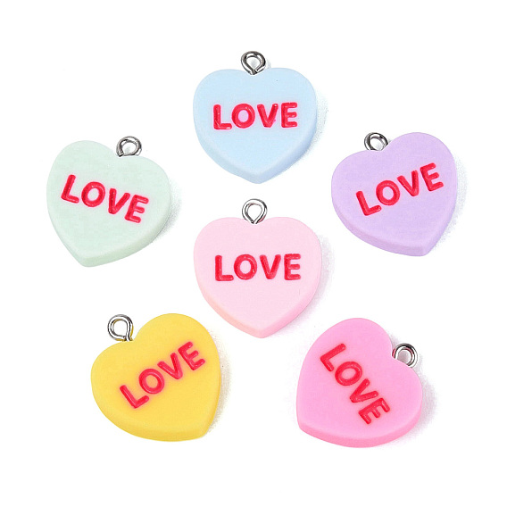Opaque Resin Pendants, Heart & Word LOVE Charms, with Platinum Iron Loops