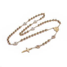 304 Stainless Steel Rosary Bead Necklaces for Easter, with Polymer Clay Rhinestone, Crucifix Cross & Oval with Saint & Flat Round with Virgin Mary
