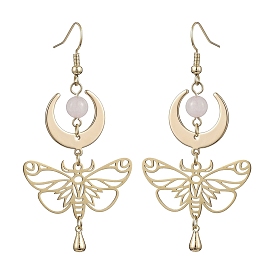 Natural Rose Quartz Dangle Earrings, Golden Brass Butterfly with Moon Long Drop Earrings