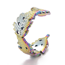 Rainbow Color Ion Plating(IP) 304 Stainless Steel Leaf Wrap Open Cuff Ring for Women