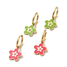 Enamel Sakura Flower Dangle Hoop Earrings, Golden 304 Stainless Steel Jewelry for Women