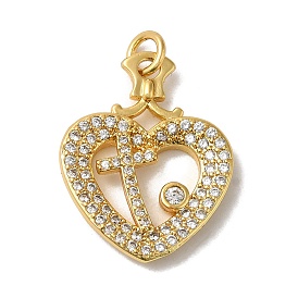 Heart with Cross Rack Plating Brass Micro Pave Clear Cubic Zirconia Pendants, with Jump Ring, Long-Lasting Plated, Lead Free & Cadmium Free