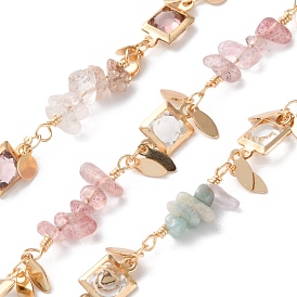 Cadenas de eslabones cuadrados de vidrio y latón hechas a mano, Con cuentas de piedra preciosa natural para hacer collares y pulseras., larga duración plateado, soldada, con carrete, dorado