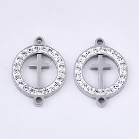 201 conectores de eslabones de acero inoxidable, con polímero rhinestone cristal arcilla, para la religion, plano y redondo con la cruz