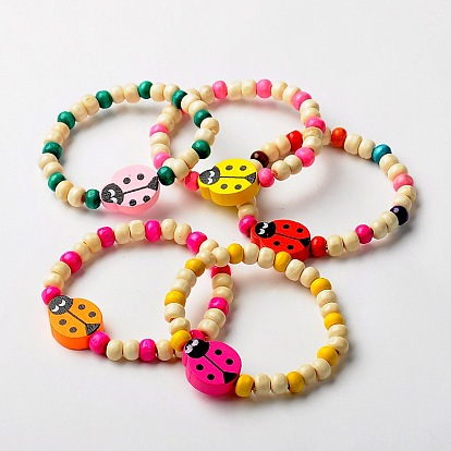 Stretchy Wood Bracelets for Kids, Children's Day Gifts, with Random Color Ladybug Beads, 45mm