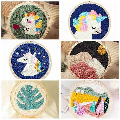 Unicorn/Mountain/Leaf Pattern Punch Embroidery Strater Kits, including Embroidery Fabric & Yarn, Instruction Sheet