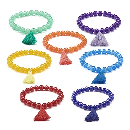 Dyed Natural Malaysia Jade Round Beads Stretch Bracelets Set, Tassel Charm Bracelet, 7 Chakra Jewelry for Her
