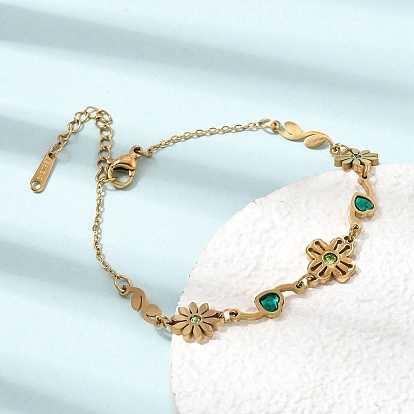 304 Stainless Steel Rhinestone Flower with Heart Link Chain Bracelets, Ion Plating(IP), Golden