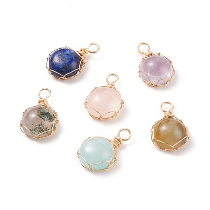 Pendentifs pierres précieuses naturelles mixtes, avec fil de cuivre écologique enveloppé, demi-tour / dôme, mélangé teint et non teint
