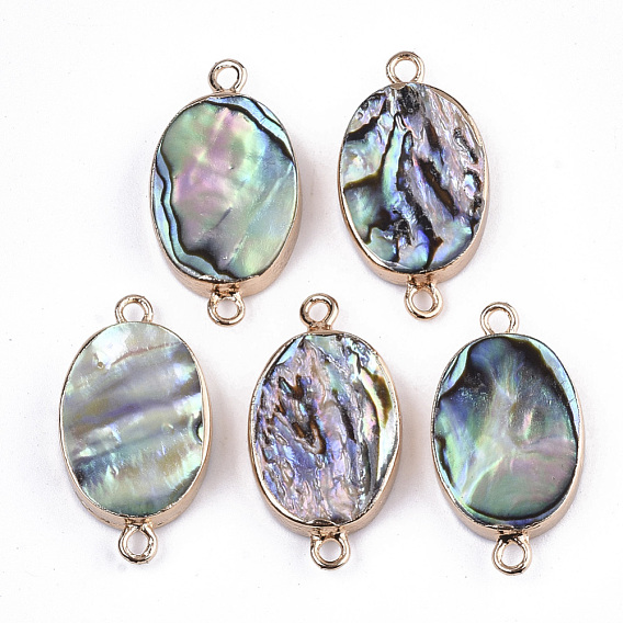 Natural Paua Shell Links Connectors, with Edge Brass Golden Plated and Iron Loops, Oval