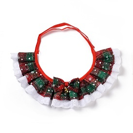 Cloth Pet's Christmas Lace Bandanas, Xmas Dog Cat Tartan Pattern Collar Bibs, with Brass Bells