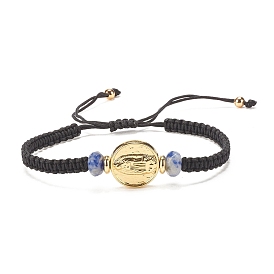 Geflochtenes Perlenarmband aus natürlichem Jaspis mit blauem Punkt und Jungfrau Maria aus Messing, verstellbares Edelsteinarmband für Damen