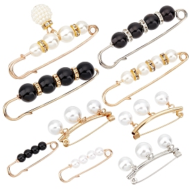 Gorgecraft 9Pcs 9 Styles Alloy Rhinestone Safety Brooches, with Plastic Imitation Pearl Round Beads