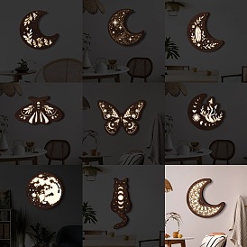 MZ209-221 Bohemian Three-dimensional Wooden Crescent Butterfly Moon Phase Light Pendant LED Luminous Night Light Ornament