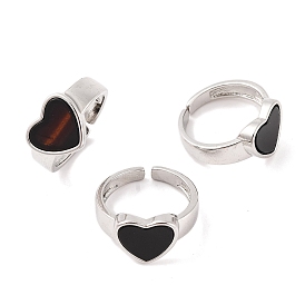 Heart Natural Black Onyx Open Cuff Rings, Platinum Plated Brass Ring for Women, Long-Lasting Plated, Lead Free & Cadmium Free