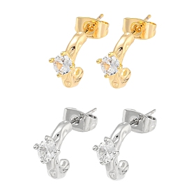 Brass Micro Pave Clear Cubic Zirconia Stud Earrings, Half Round