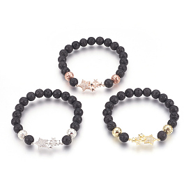 Stretch Bracelets, with Long-Lasting Plated Electroplated Natural Lava Rock, Natural Lava Rock and Brass Cubic Zirconia Beads, Star