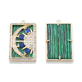 Brass Pave Clear Cubic Zirconia Pendants, with Natural Malachite, Cadmium Free & Nickel Free & Lead Free, Rectangle with Moon & Sun