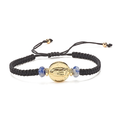 Geflochtenes Perlenarmband aus natürlichem Jaspis mit blauem Punkt und Jungfrau Maria aus Messing, verstellbares Edelsteinarmband für Damen