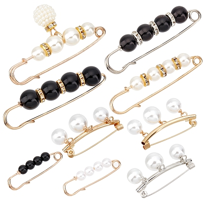 9Pcs 9 Styles Alloy Rhinestone Safety Brooches, with Plastic Imitation Pearl Round Beads