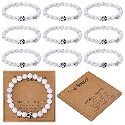 12шт. синтетические белые бирюзовые круглые бусины, эластичные браслеты для мужчин и женщин, футбол, со сплавом, 12шт бумажные карты для демонстрации ювелирных изделий