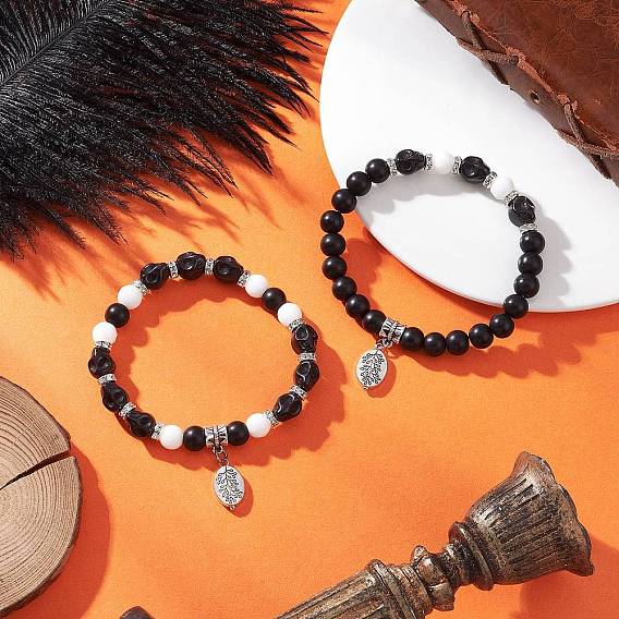 2шт. браслеты из сплава с подвесками в тибетском стиле, браслеты из синтетических драгоценных камней для мужчин и женщин, череп