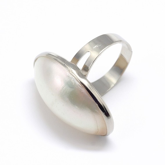Platinum Plated Brass White Shell Finger Rings, 18mm