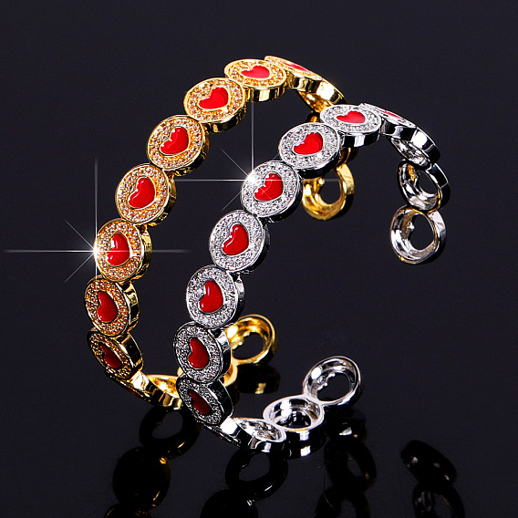 Brass Micro Pave Clear Cubic Zirconia and Enamel Cuff Bangles, Flat Round with Red Heart