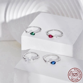 925 Sterling Silver Cuff Rings, Birthstone Ring, with Cubic Zirconia Teardrop & 925 Stamp for Women, Real Platinum Plated