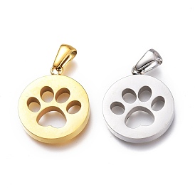 Ion Plating(IP) 304 Stainless Steel Pet Pendants, Manual Polishing, Flat Round with Dog Footprints