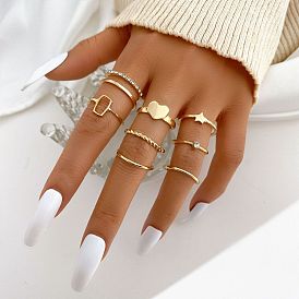 Vintage Alloy Joint Ring Set with Creative Simple Retro Pentagram Heart Ring Set - 8 Pieces