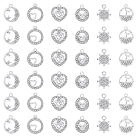 36шт 6 стиль сплава стразы подвески, плоский круглый с рыбьим хвостом и сердцем и крабом и сердцем и луной и шлемом
