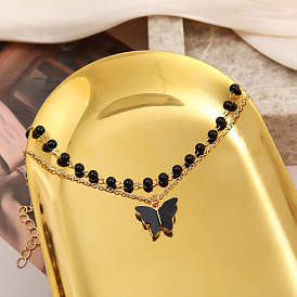 Fashionable Black Butterfly Double-layer Pearl Bracelet with Crystal for Women