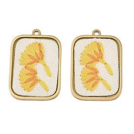 304 Colgantes de acero inoxidable y bordados, Rectángulo con dijes de hojas de ginkgo, amarillo, revestimiento de iones (ip), larga duración plateado