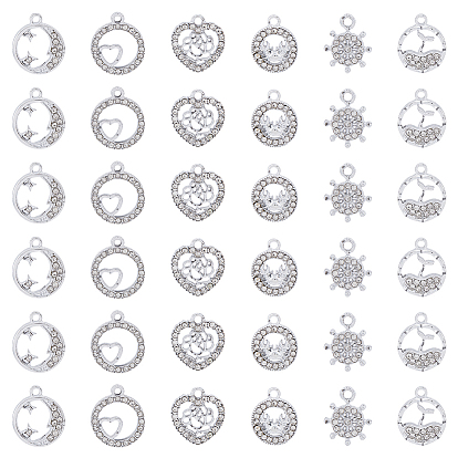 36шт 6 стиль сплава стразы подвески, плоский круглый с рыбьим хвостом и сердцем и крабом и сердцем и луной и шлемом