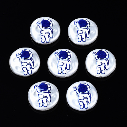 3D Printed ABS Plastic Imitation Pearl Beads, Flat Round with Astronauts