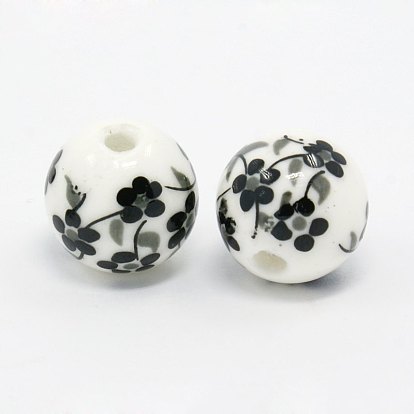 Handmade Printed Flower Porcelain Beads, Round, 6~12mm, Hole: 2mm