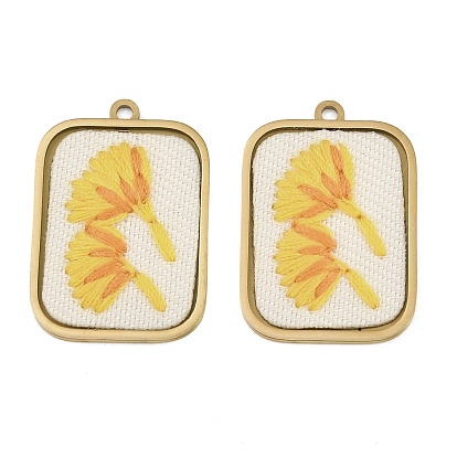 304 Colgantes de acero inoxidable y bordados, Rectángulo con dijes de hojas de ginkgo, amarillo, revestimiento de iones (ip), larga duración plateado