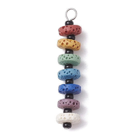 Chakra Natural Lava Rock Dyed Beaded Pendants, with Glass Seed Beads, Disc Charms, Platinum