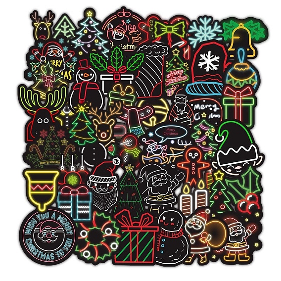 50Pcs Christmas PVC Self Adhesive Stickers, Neon Style Waterproof Decals for Water Bottle, Helmet, Luggage