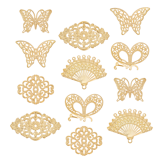 72pcs 6 liens de jonction en filigrane de fer de style, embellissements en métal gravé, losange et éventail et papillon
