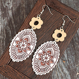 Bohemian Printed Wood & Zinc Alloy Dangle Earrings, Oval & Flower