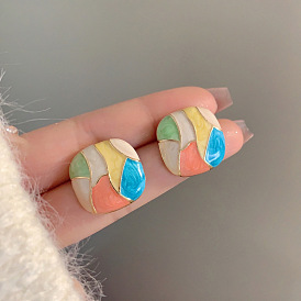 Квадратные серьги-гвоздики из сплава с эмалью