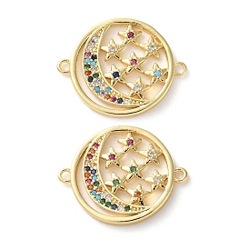 Rack Plating Brass Colorful Cubic Zirconia Moon Star Connector Charm, Long-Lasting Plated, Lead Free & Cadmium Free, Flat Round